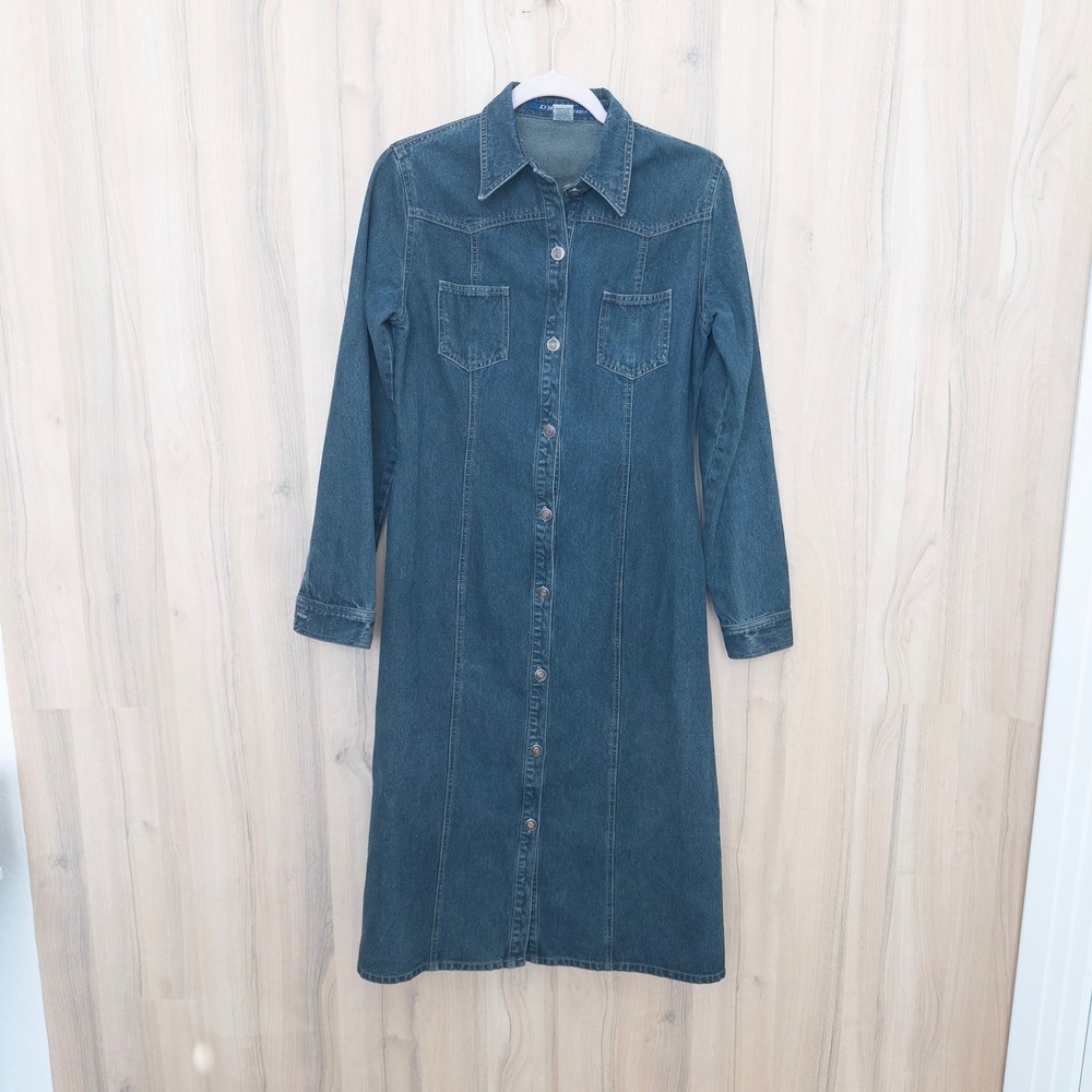 Vintage Women Denim Midi Dress M Blue Long Sleeve Button Front Western Americana